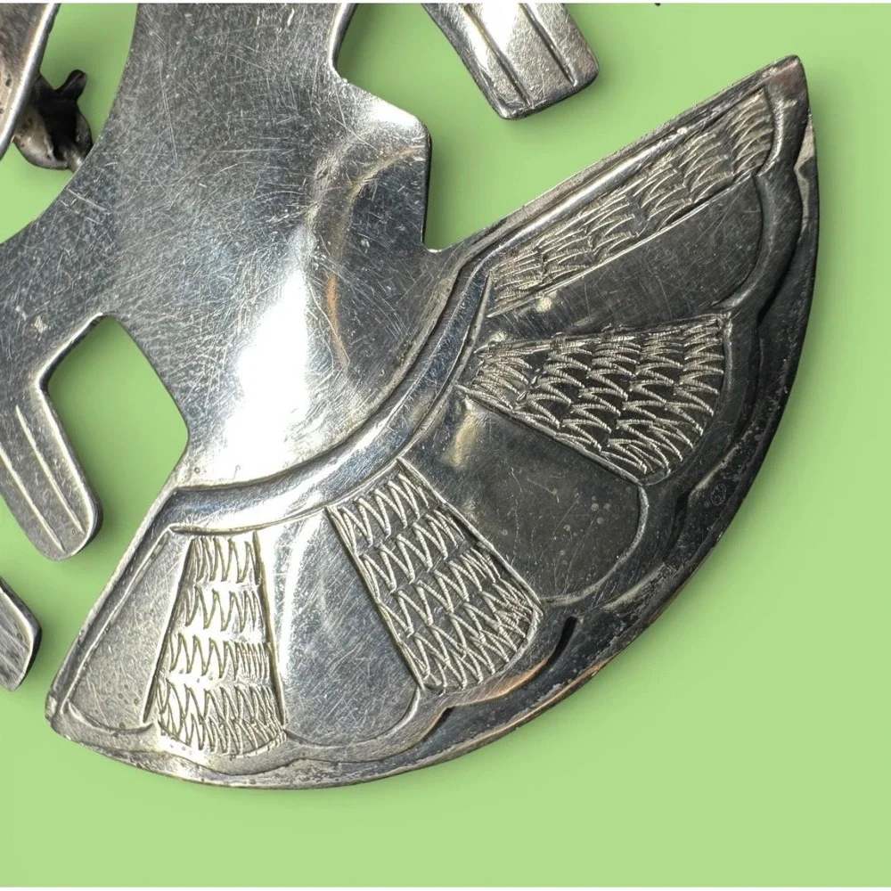 Mid Century Modern Peruvian Sterling Silver Bird Brooch Turquoise Artisan‎ Boho
